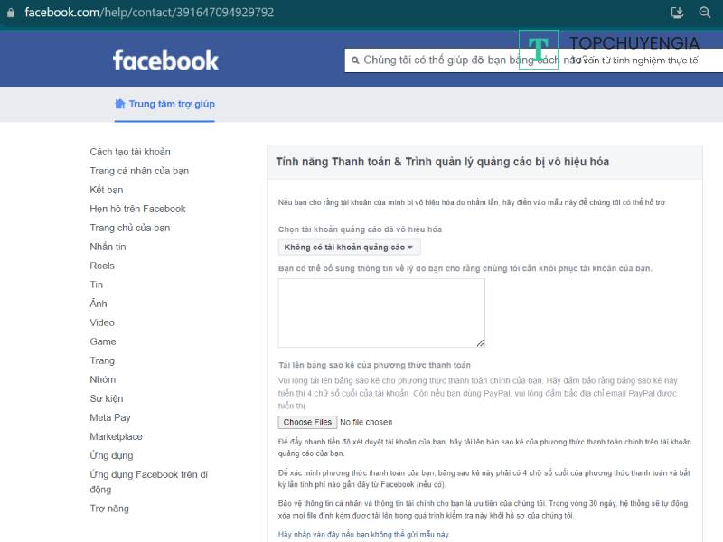 link kháng tài khoản quảng cáo Facebook